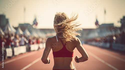 Athletic young woman running on the track in stadium