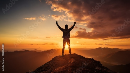 Silhouette of business male stand and feel happy on the most hight at the mountain on sunset, success, leader, teamwork, target, Aim, confident, achievement, goal, on plan, finish © pinkrabbit