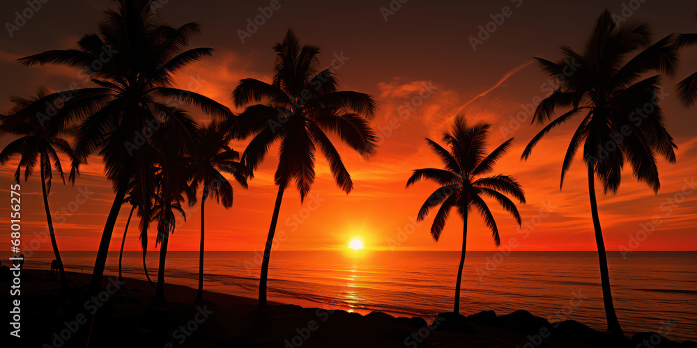 Beachside palm trees silhouetted against the setting sun