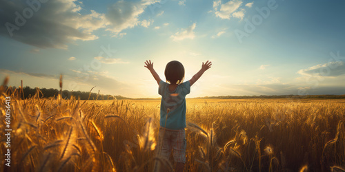Child with arms uplifted, standing in an open field photo