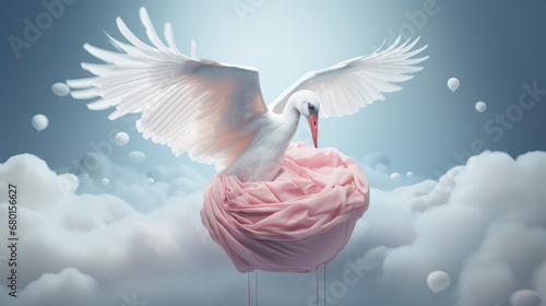 White stork, symbol of birth of a child. 3d render illustration style. Creative concept of motherhood and childhood, pastel colors.