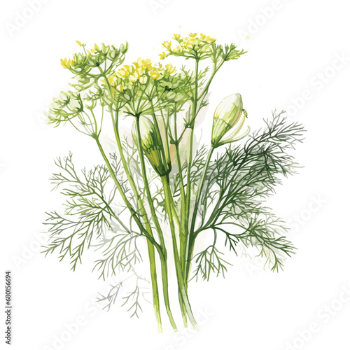Watercolor vector fennel leaves and flowers painting isolated on white background, vector leaves