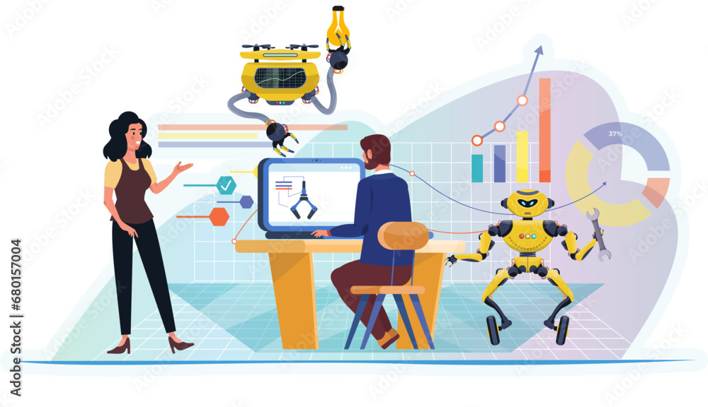 Fototapeta premium Artificial intelligence in engineering. Digital marketing. Design and robot construction. Advanced technologies of the future.