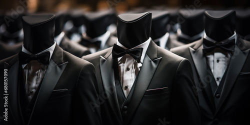 Black tuxedos worn by men in a close-up shot photo