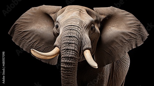Isolated on white, a close-up of an elephant with its mouth open and trunk over its head.