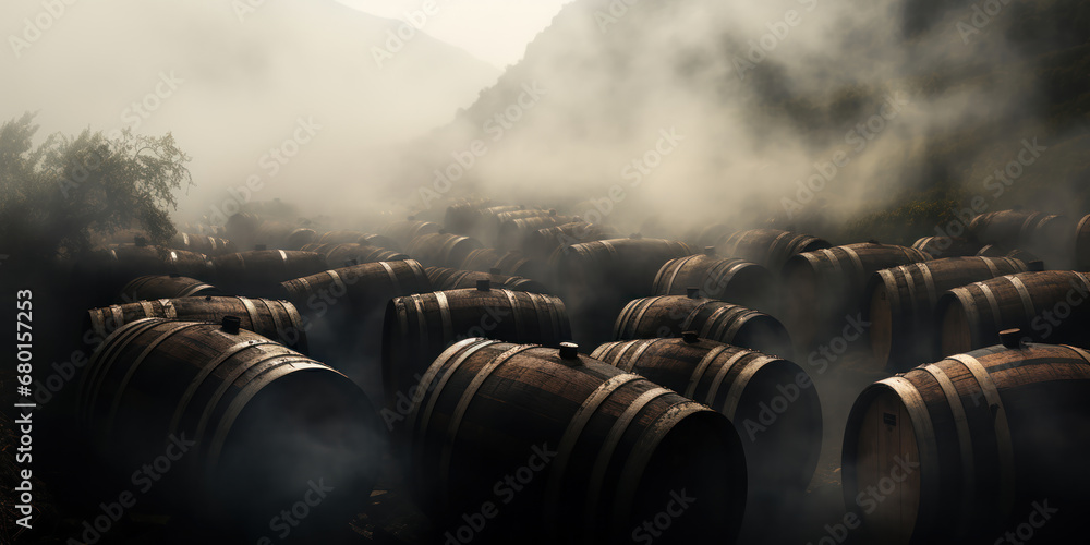 Fog encircling several wine barrels - obrazy, fototapety, plakaty 