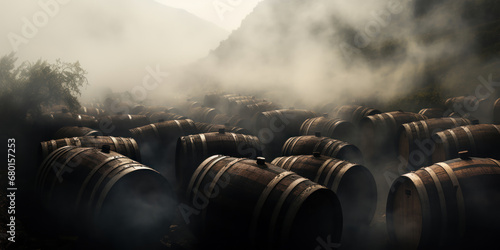 Fog encircling several wine barrels photo