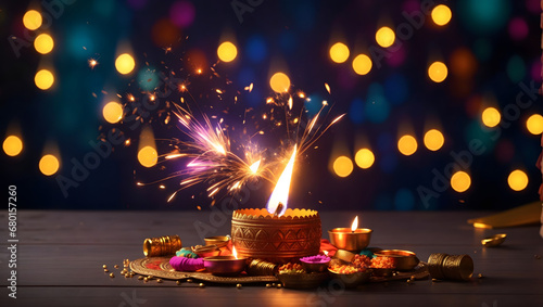 Diwali Festival celebration with crackers and colorful sparks. Image is generated with the use of an Artificial intelligence photo