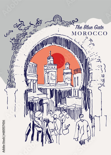 Drawing sketch illustration of the Blue Gate in Fez, Morocco