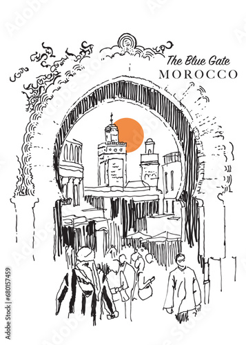 Drawing sketch illustration of the Blue Gate in Fez, Morocco