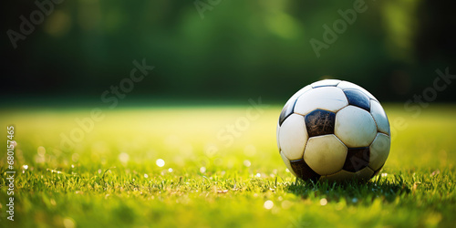 Soccer ball resting on the lush grass of a playing field