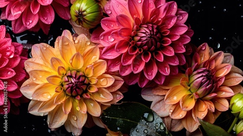 beautiful chrysanthemum flowers with water drops on black background. Springtime Concept with Copy Space. Mothers Day Concept.