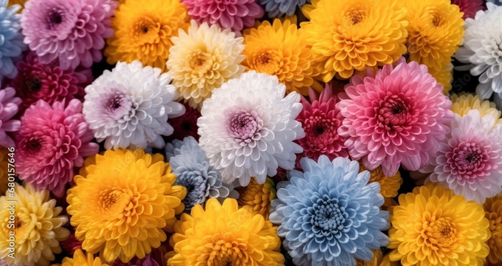 Colorful dahlia flowers for sale at a flower market. Springtime Concept with Copy Space. Mothers Day Concept.
