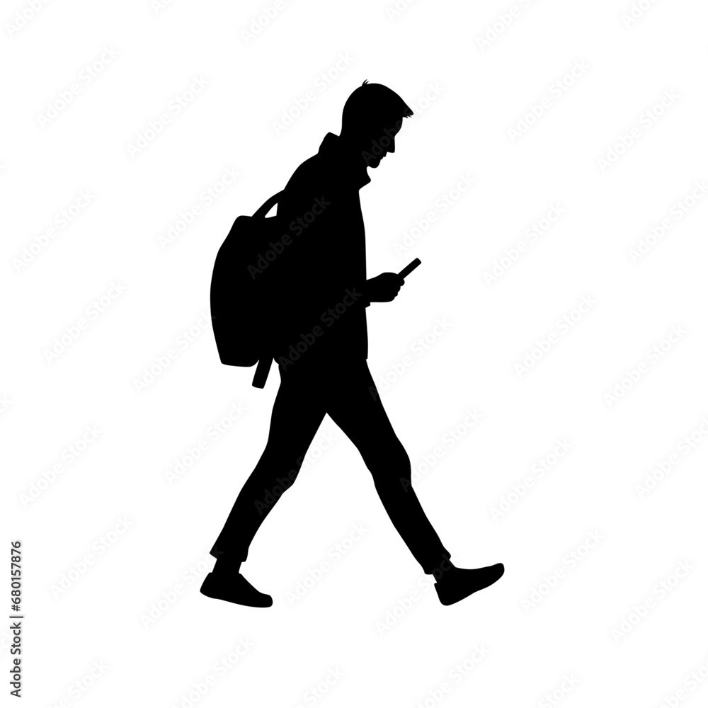 Man walking on street with phone silhouette, silhouettes of moving people crowd on street