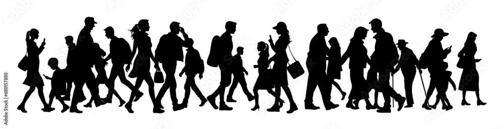 People walking on street silhouette, silhouettes of moving people crowd on street