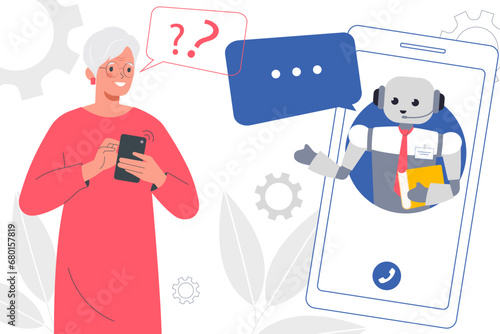 Elderly woman uses smartphone for consulting with. Artificial intelligence robot advises client and answer questions. Chatbot concept.