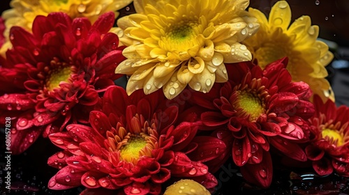 Colorful chrysanthemum flowers with water drops on black background. Springtime Concept with Copy Space. Mothers Day Concept.