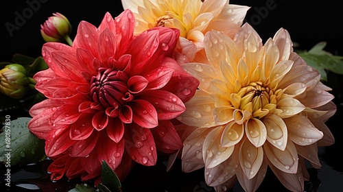 Colorful chrysanthemum flowers with water drops on black background. Springtime Concept with Copy Space. Mothers Day Concept.