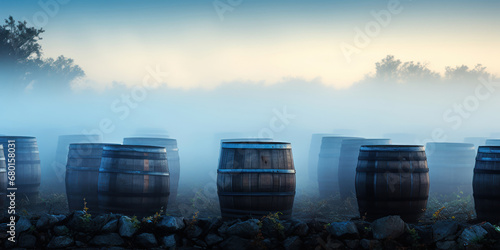 Small group of wine barrels enveloped in fog