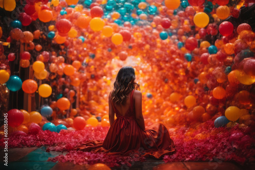Rear view of a stylish woman wearing a red dress sitting on a background of multicolored balloons.