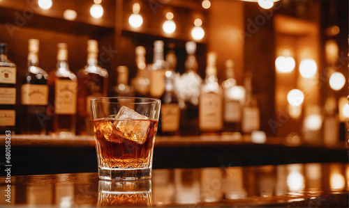 バーカウンターに置かれた酒のグラス  A glass of liquor on the bar counter photo