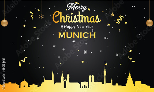 Christmas and New year black greeting card with golden panorama of the city of Munich