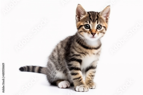 A cute tabby kitten on the white background.