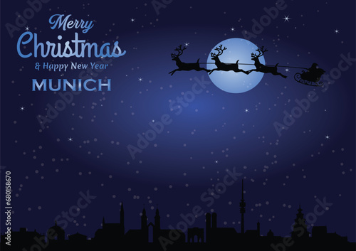 Christmas and New year dark blue greeting card with Santa Claus silhouette and black panorama of the city of Munich