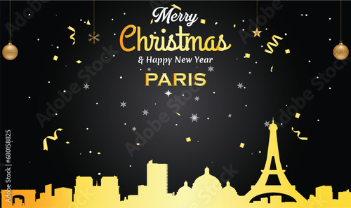 Christmas and New year black greeting card with golden panorama of the city of Paris