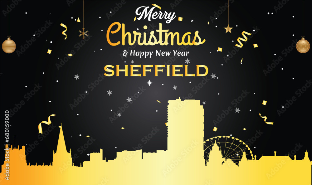 Christmas and New year black greeting card with golden panorama of the city of Sheffield