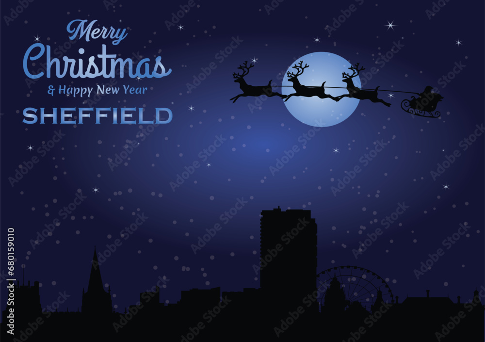 Christmas and New year dark blue greeting card with Santa Claus silhouette and black panorama of the city of Sheffield