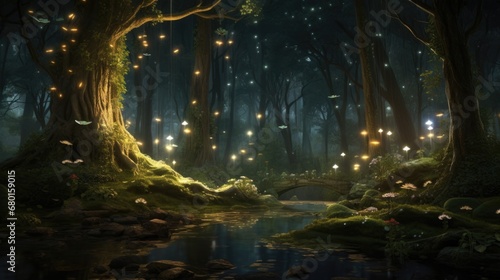 Magical grove illuminated by mystical orbs and flora. Fantasy world captured. photo