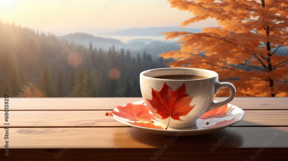 Coffee cup on wooden table, autumn leaves, morning light. Warmth and coziness concept. - obrazy, fototapety, plakaty 