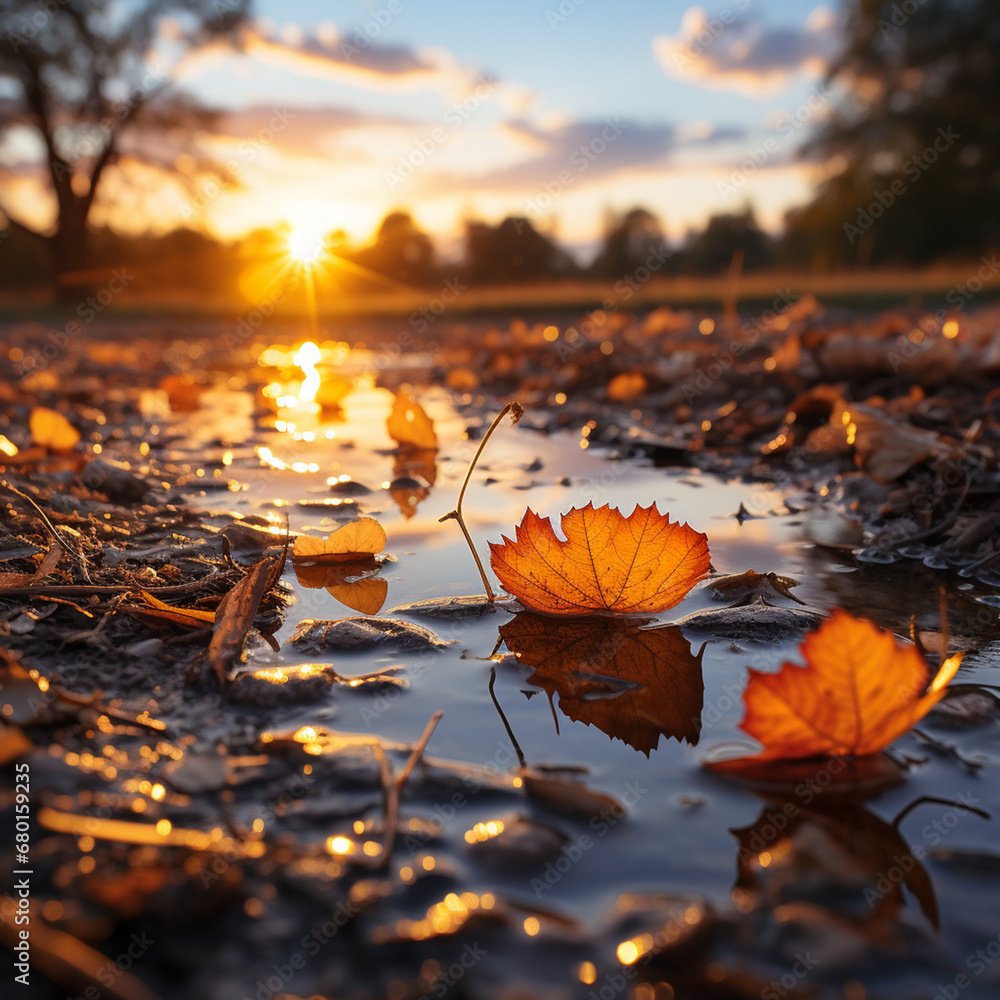 beautiful autumn evening sunset wallpaper, creative perspective with fallen leaf, epic sunlight, rural romantic created with Generative Ai beautiful autumn evening sunset wallpaper, creative perspective with fallen leaf, epic sunlight, rural romantic created with Generative Ai