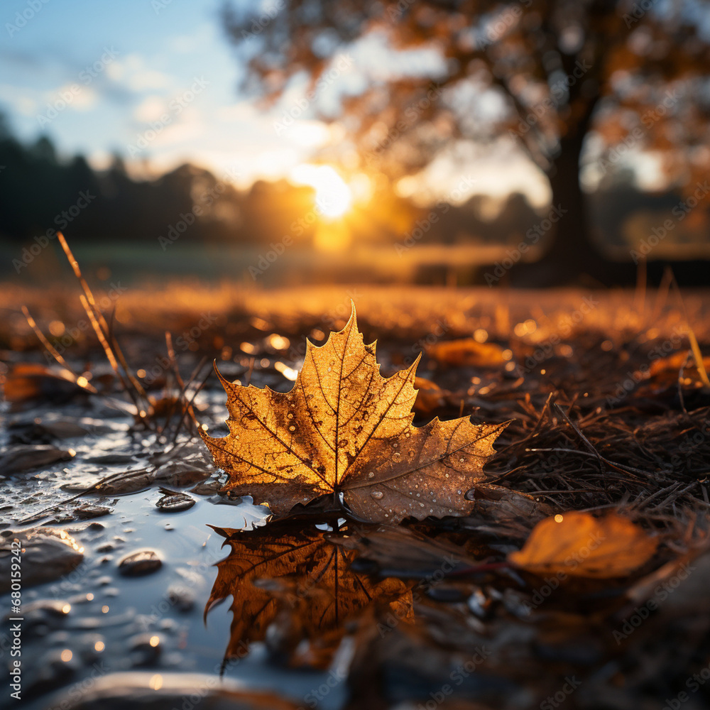 beautiful autumn evening sunset wallpaper, creative perspective with fallen leaf, epic sunlight, rural romantic created with Generative Ai beautiful autumn evening sunset wallpaper, creative perspective with fallen leaf, epic sunlight, rural romantic created with Generative Ai