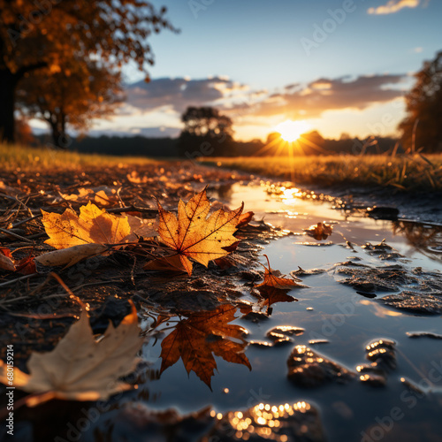 beautiful autumn evening sunset wallpaper, creative perspective with fallen leaf, epic sunlight, rural romantic created with Generative Ai