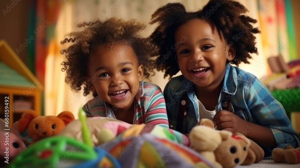 The young black child joyfully plays with toys in the room, reveling in the fun of childhood. The young black child joyfully plays with toys in the room, reveling in the fun of childhood.