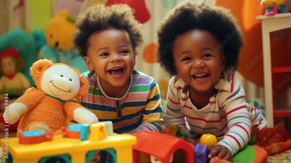 The young black child joyfully plays with toys in the room, reveling in the fun of childhood. The young black child joyfully plays with toys in the room, reveling in the fun of childhood.