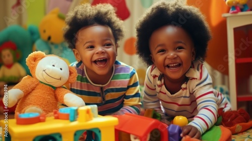 The young black child joyfully plays with toys in the room, reveling in the fun of childhood.