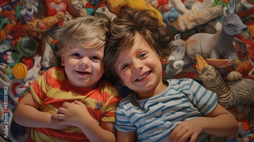 Family time. Two siblings playfully chase each other in the bedroom, sharing smiles and laughter on the bedroom floor. After having a joyous playtime with toys scattered around the room