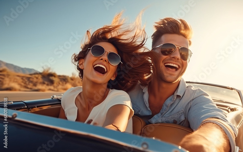 Young couple traveling in a cabriolet and having fun along the road on a sunny day © perfectlab