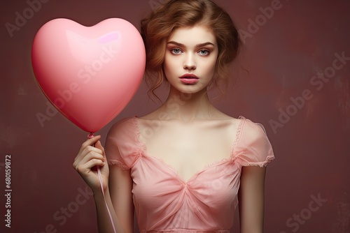 Portrait showcases blue eyed woman with heart balloon. Love and festivities.