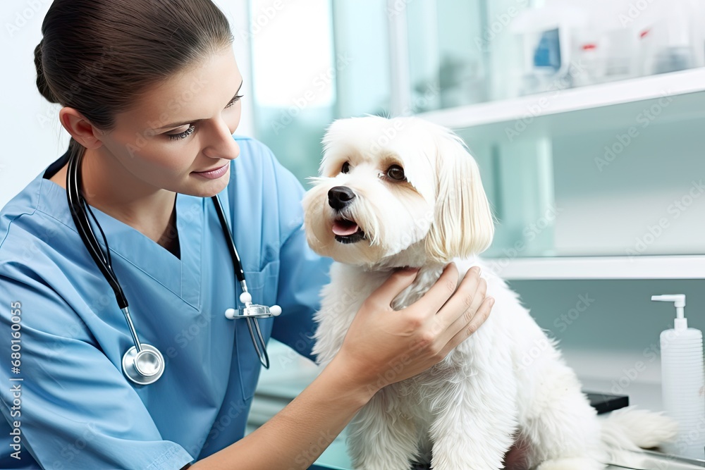 Professional veterinarian examining small white dog in modern clinic. Veterinary care and treatment. Professional veterinarian examining small white dog in modern clinic. Veterinary care and treatment.