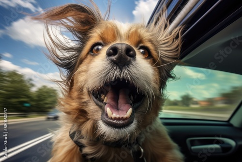 Detailed view of dog with fur fluttering in wind during car travel. Pet travel safety.