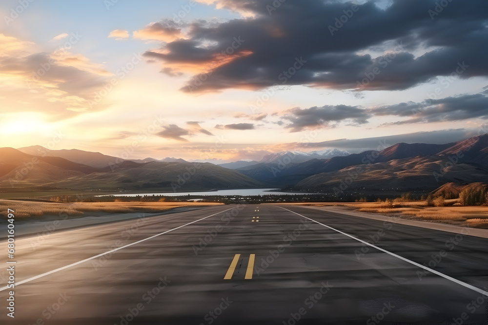 Aerial View of Road and Road Marking with Mountain and Sky at Sunrise Aerial View of Road and Road Marking with Mountain and Sky at Sunrise