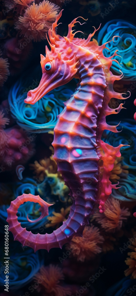 Obraz premium blue and neon seahorse and corals wallpaper, dark orange and light magenta, psychedelic neon created with Generative Ai