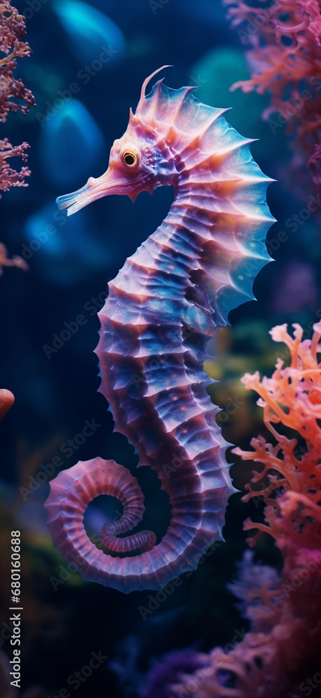 blue and neon seahorse and corals wallpaper, dark orange and light magenta, psychedelic neon created with Generative Ai blue and neon seahorse and corals wallpaper, dark orange and light magenta, psychedelic neon created with Generative Ai