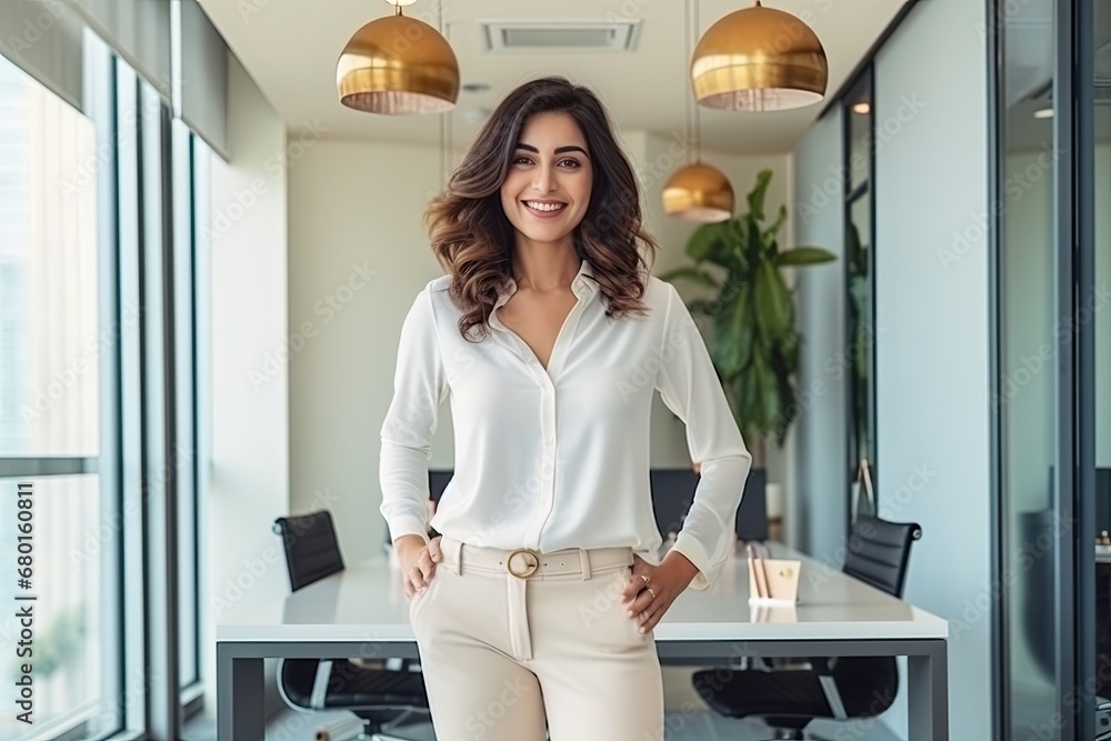 Beautiful Asian business woman smile in modern office. Smart and confident . Generative AI Beautiful Asian business woman smile in modern office. Smart and confident . Generative AI