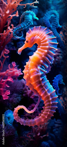 blue and neon seahorse and corals wallpaper, dark orange and light magenta, psychedelic neon created with Generative Ai © Andrii Yablonskyi