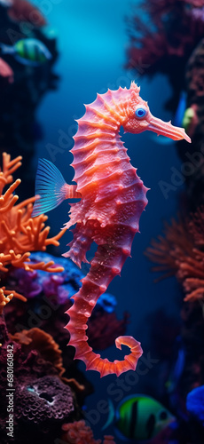blue and neon seahorse and corals wallpaper, dark orange and light magenta, psychedelic neon created with Generative Ai